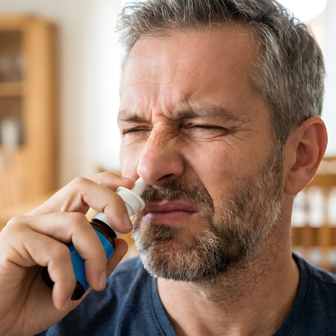 Man using nasal spray for congestion relief — nasal strips vs nasal spray comparison
